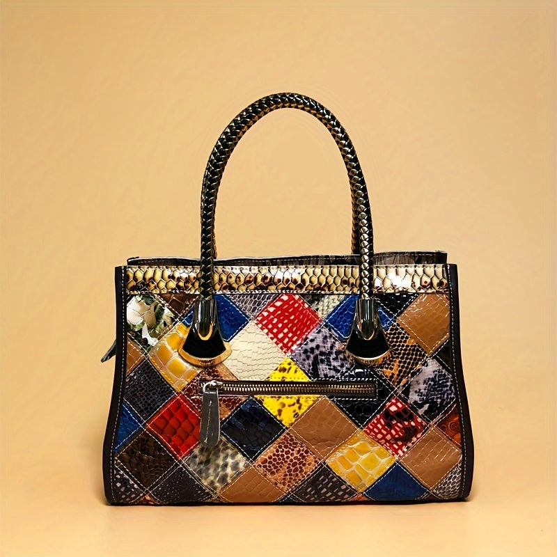 Luxury Leather Tote Bag, Colorblock Stitching Shoulder Bag, Large Capacity Handbag For Women