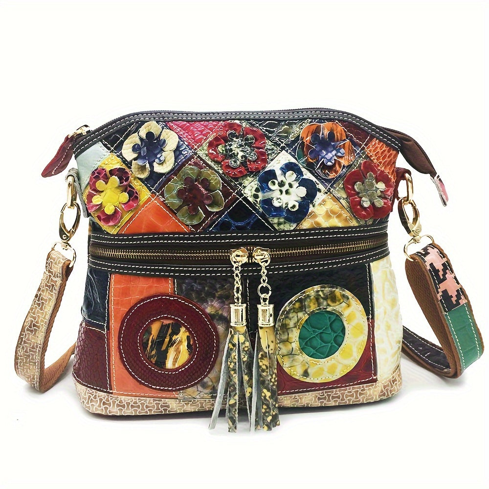 Vintage Colorblock Crossbody Bag, Genuine Leather Shoulder Bag, Women's Retro Handbag & Purse