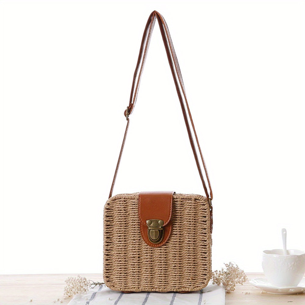 Rattan Woven Square Bag, Vintage Summer Beach Bag, Women's Straw Crossbody Bag (7.09*6.3*2.76) Inch