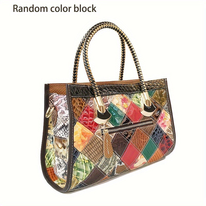 Fashion Colorblock Tote Bag, Genuine Leather Top Handle Satchel, Women's Trendy Handbag & Purse