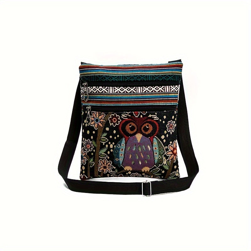 Cute Cartoon Owl Print Shoulder Bag, Ethic Style Shoulder Bag, Perfect Messenger Bag For Daily Use