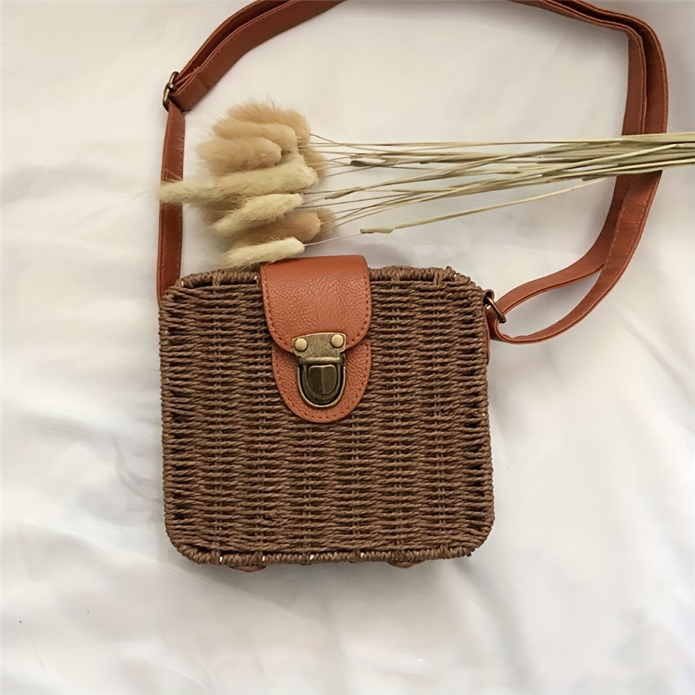Rattan Woven Square Bag, Vintage Summer Beach Bag, Women's Straw Crossbody Bag (7.09*6.3*2.76) Inch