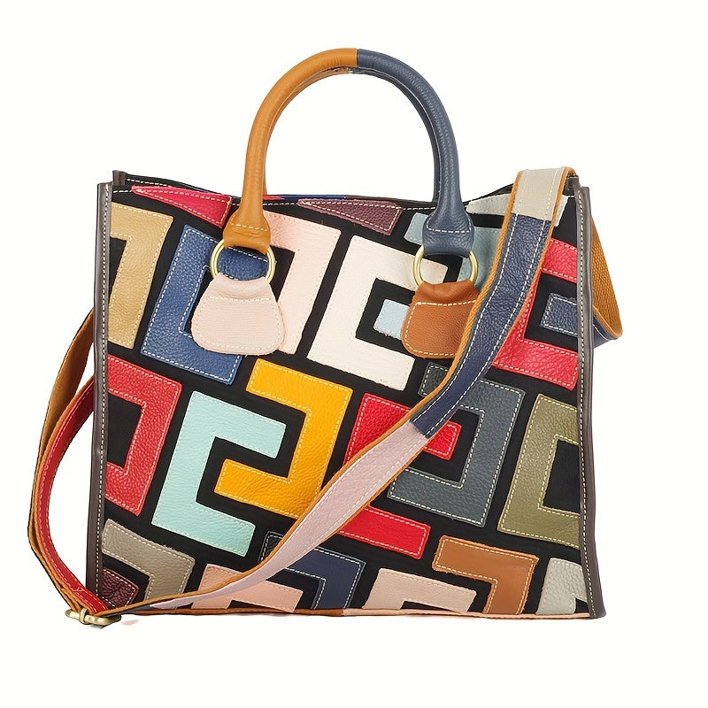 Colorblock Top Handle Satchel, Genuine Leather Crossbody Bag, Women's Fashion Handbag, Shoulder Bag & Purse